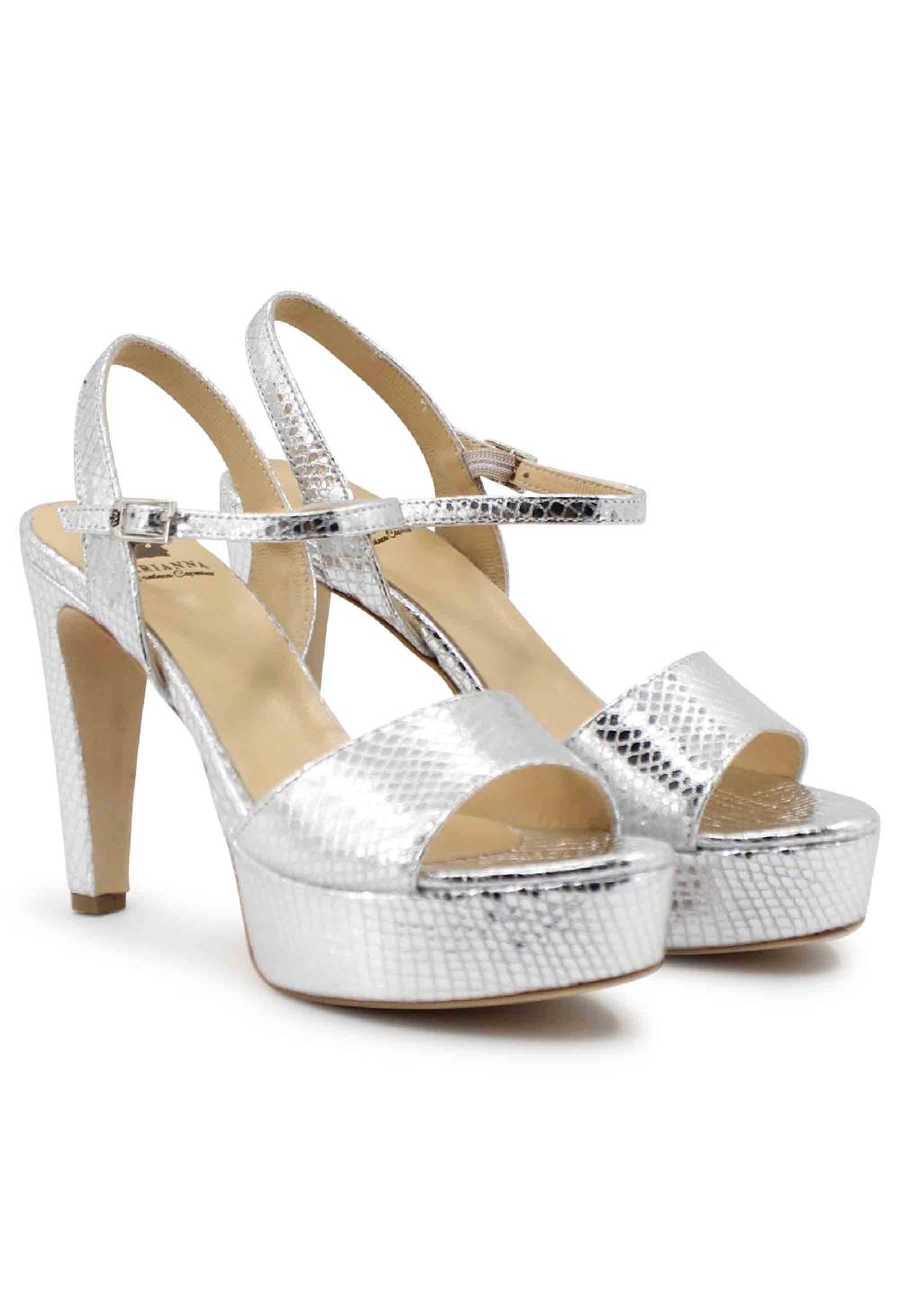 L'ARIANNA Sandali DS1610 Donna In Pelle Laminata Stampata Argento Con Tacco Alto E Plateau