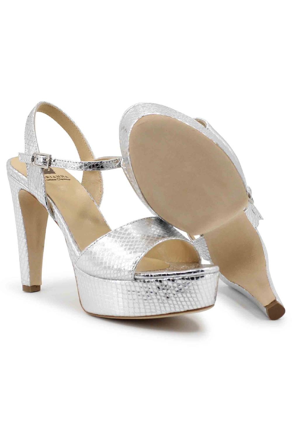 L'ARIANNA Sandali DS1610 Donna In Pelle Laminata Stampata Argento Con Tacco Alto E Plateau