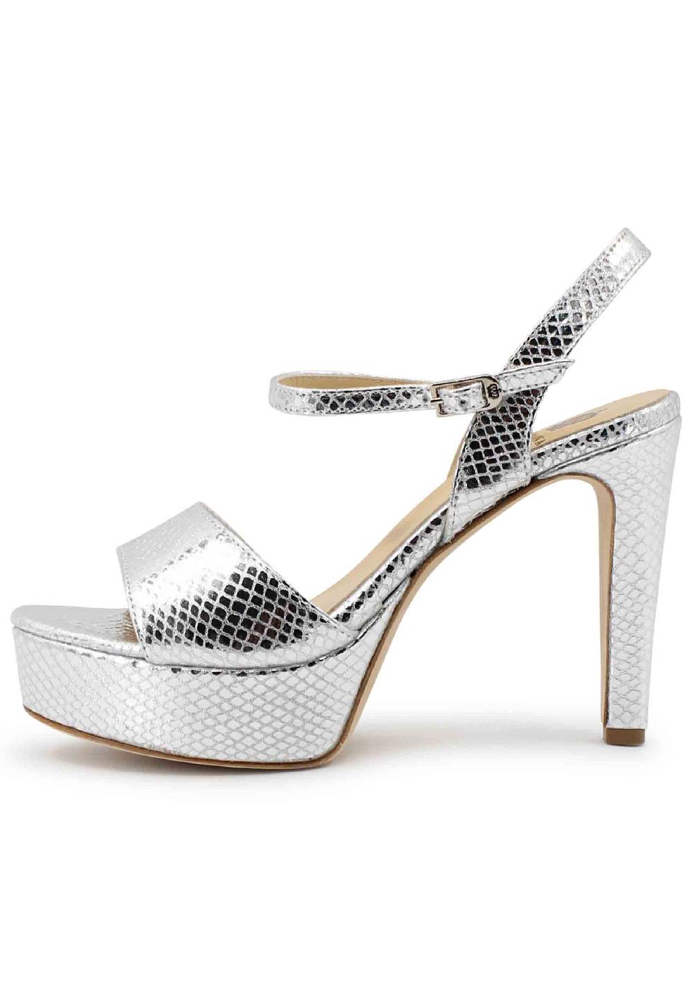 L'ARIANNA Sandali DS1610 Donna In Pelle Laminata Stampata Argento Con Tacco Alto E Plateau