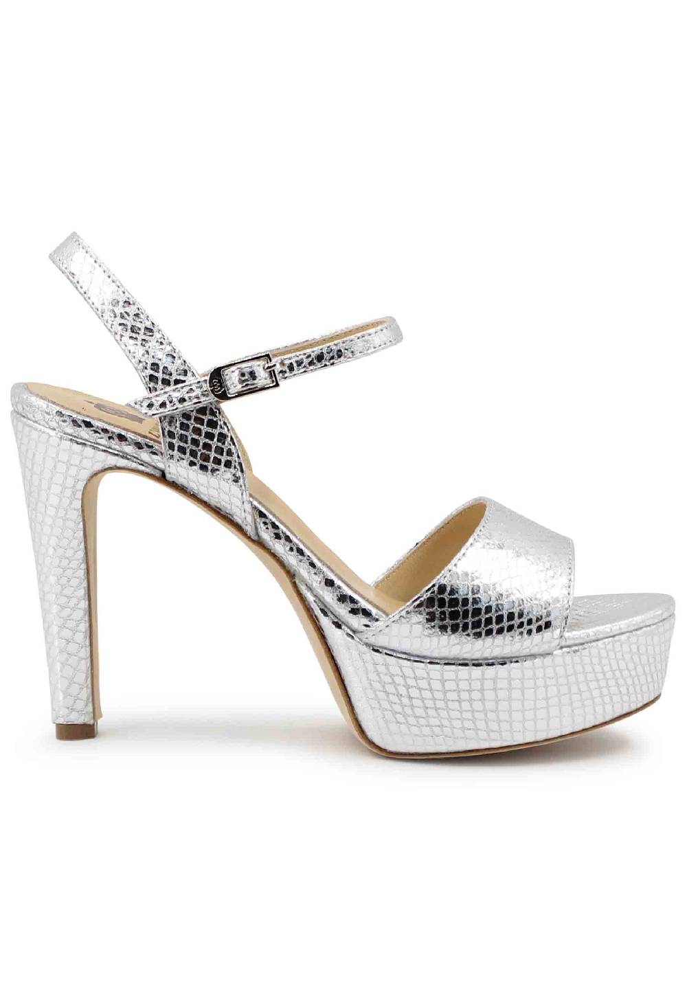 L'ARIANNA Sandali DS1610 donna in pelle laminata stampata argento con tacco alto e plateau