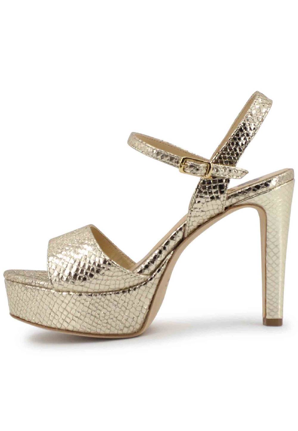 L'ARIANNA Sandali DS1610 Donna In Pelle Laminata Stampata Platino Con Tacco Alto E Plateau