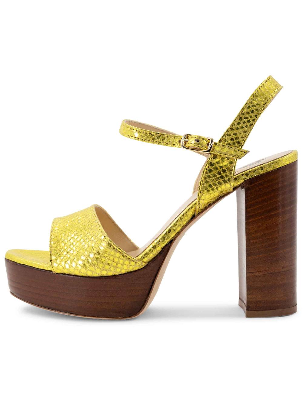 L'ARIANNA Sandali DS1610 Donna In Pelle Stampata Laminata Giallo Con Tacco Alto E Plateau