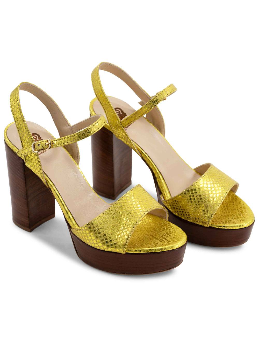 L'ARIANNA Sandali DS1610 Donna In Pelle Stampata Laminata Giallo Con Tacco Alto E Plateau