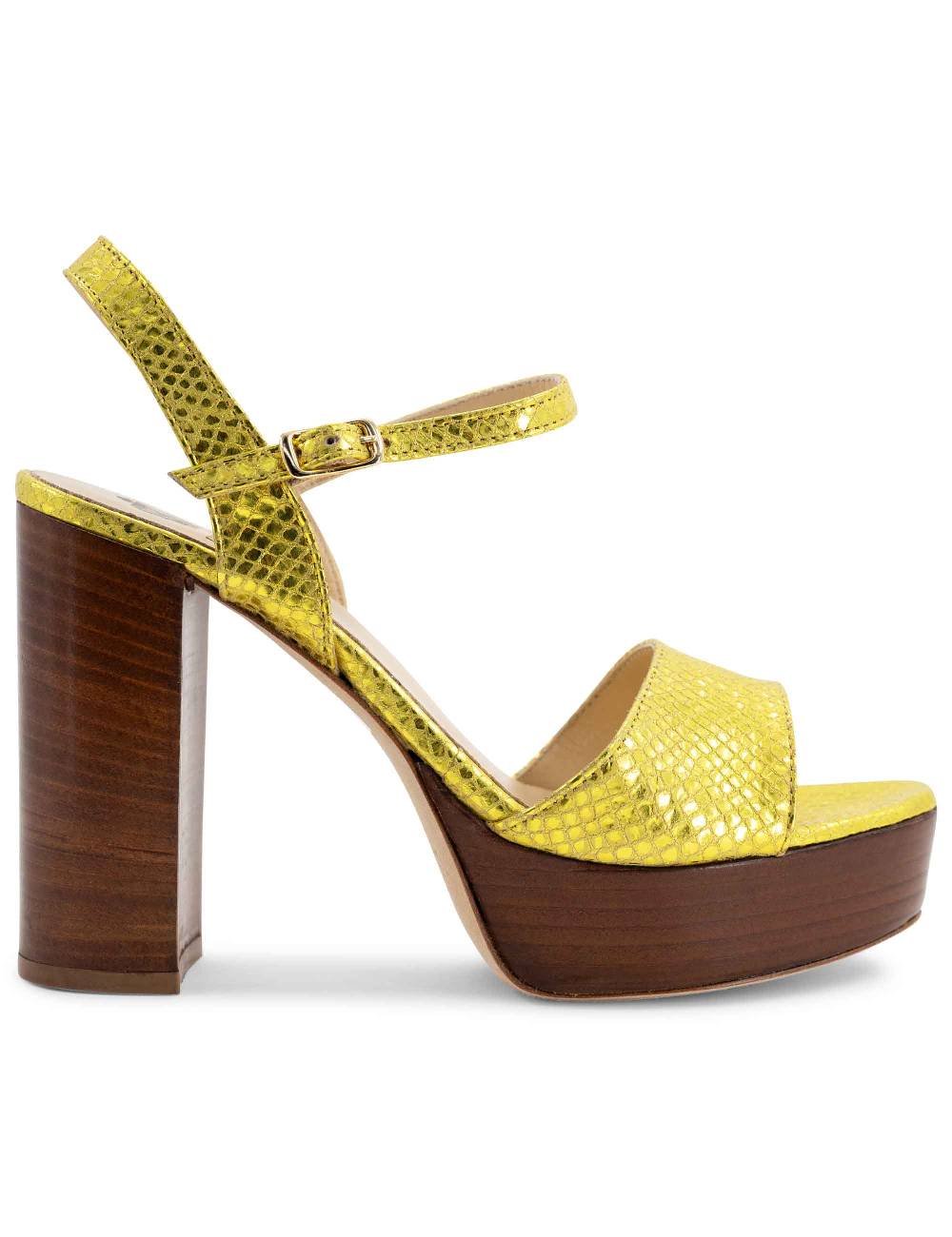 L'ARIANNA Sandali DS1610 donna in pelle stampata laminata giallo con tacco alto e plateau