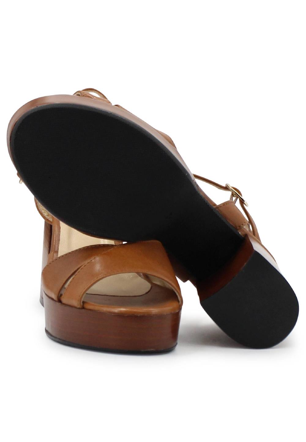 L'ARIANNA Sandali DS1639 Donna In Pelle Cuoio Con Cinturino E Tacco E Plateau In Cuoio