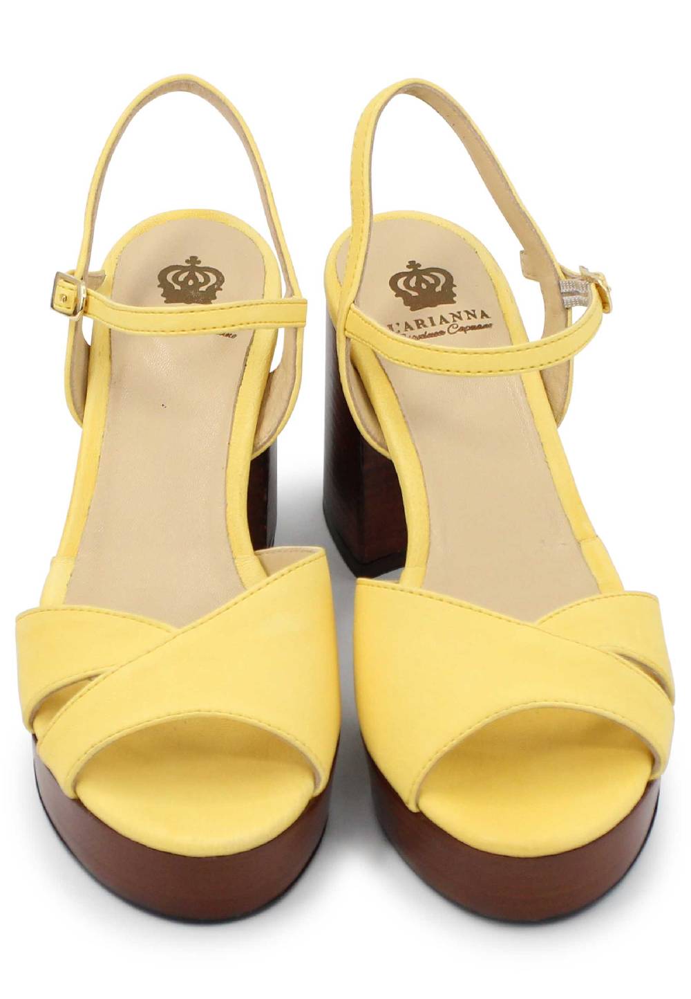 L'ARIANNA Sandali DS1639 Donna In Pelle Gialla Con Cinturino E Tacco E Plateau In Cuoio