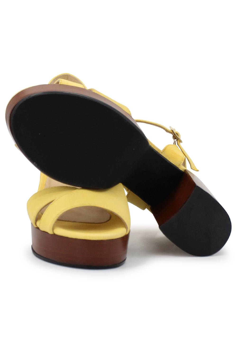 L'ARIANNA Sandali DS1639 Donna In Pelle Gialla Con Cinturino E Tacco E Plateau In Cuoio