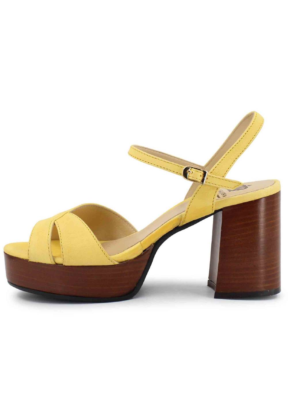 L'ARIANNA Sandali DS1639 Donna In Pelle Gialla Con Cinturino E Tacco E Plateau In Cuoio