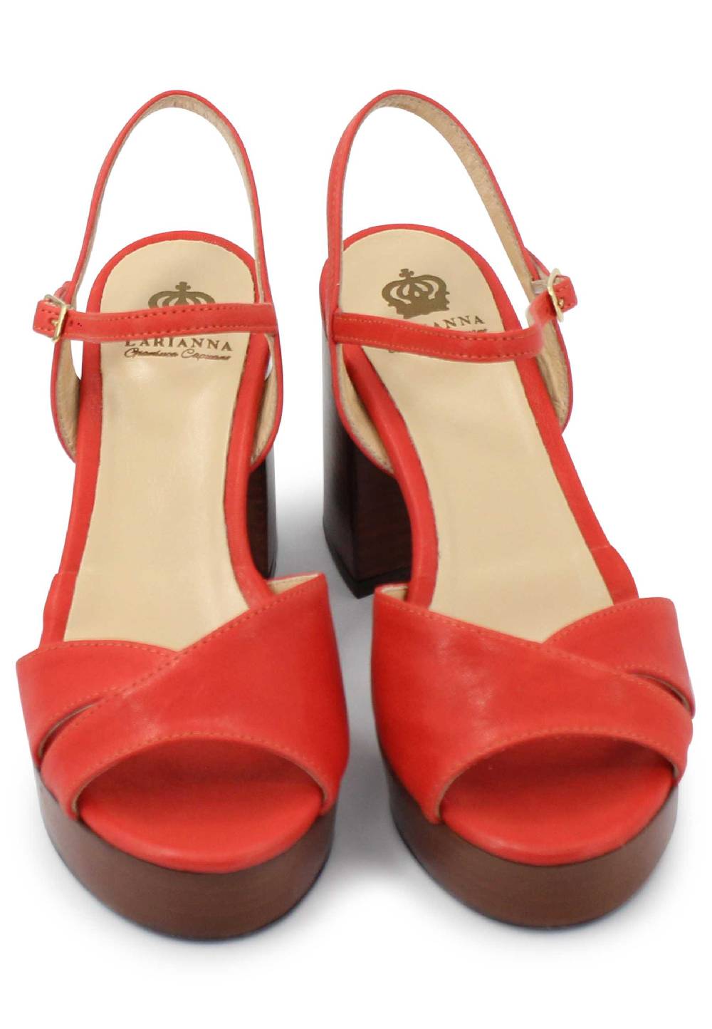 L'ARIANNA Sandali DS1639 Donna In Pelle Rosso Con Cinturino E Tacco E Plateau In Cuoio