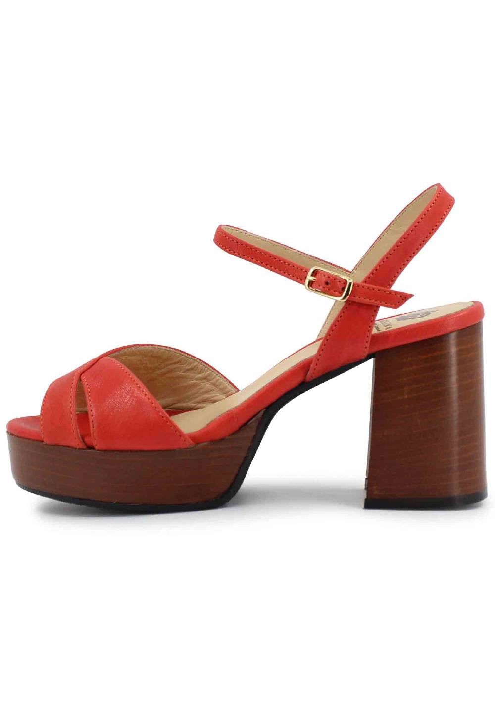 L'ARIANNA Sandali DS1639 Donna In Pelle Rosso Con Cinturino E Tacco E Plateau In Cuoio