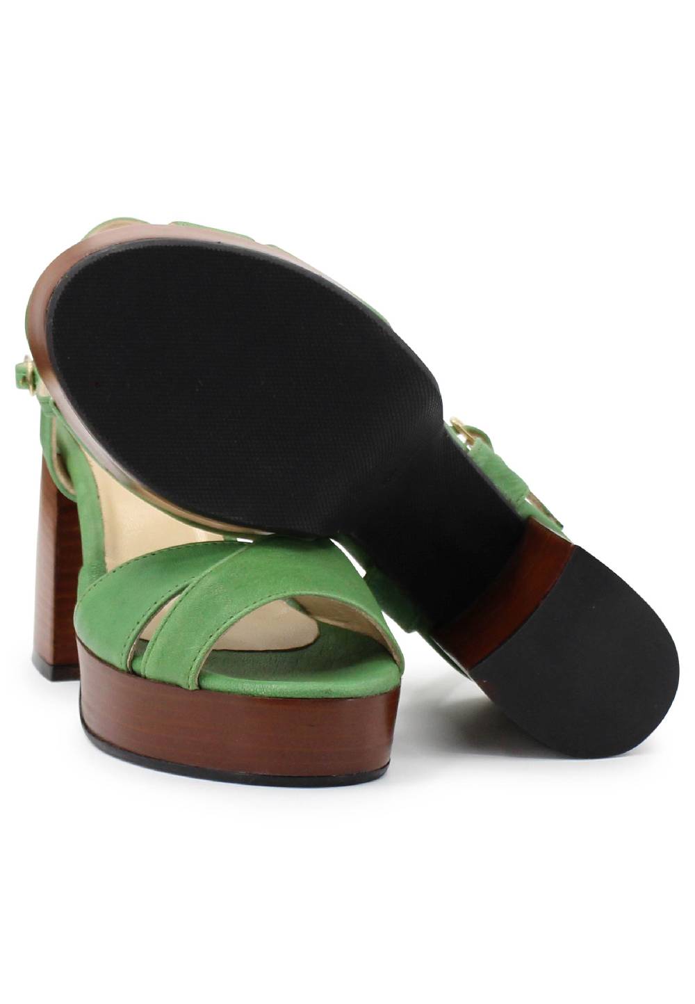 L'ARIANNA Sandali DS1639 Donna In Pelle Verde Con Cinturino E Tacco E Plateau In Cuoio