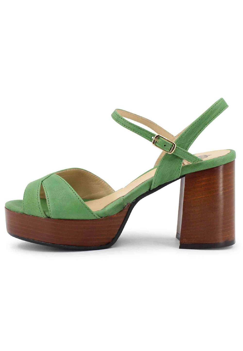 L'ARIANNA Sandali DS1639 Donna In Pelle Verde Con Cinturino E Tacco E Plateau In Cuoio