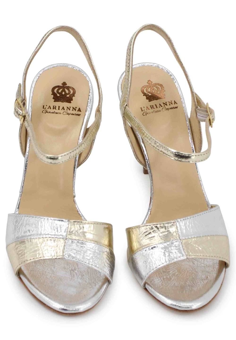 L'ARIANNA Sandali Ds1643 Da Donna In Pelle Laminata Oro Con Tacco Alto E Cinturino Alla Caviglia
