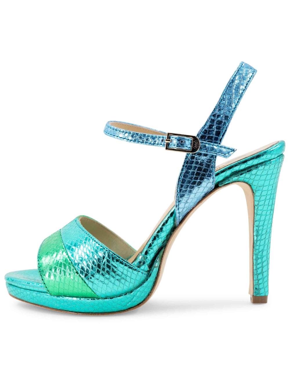 L'ARIANNA Sandali Ds1643 Da Donna In Pelle Laminata Rettile Verde E Azzurra Con Tacco Alto E Platò, Con Cinturino Alla Caviglia