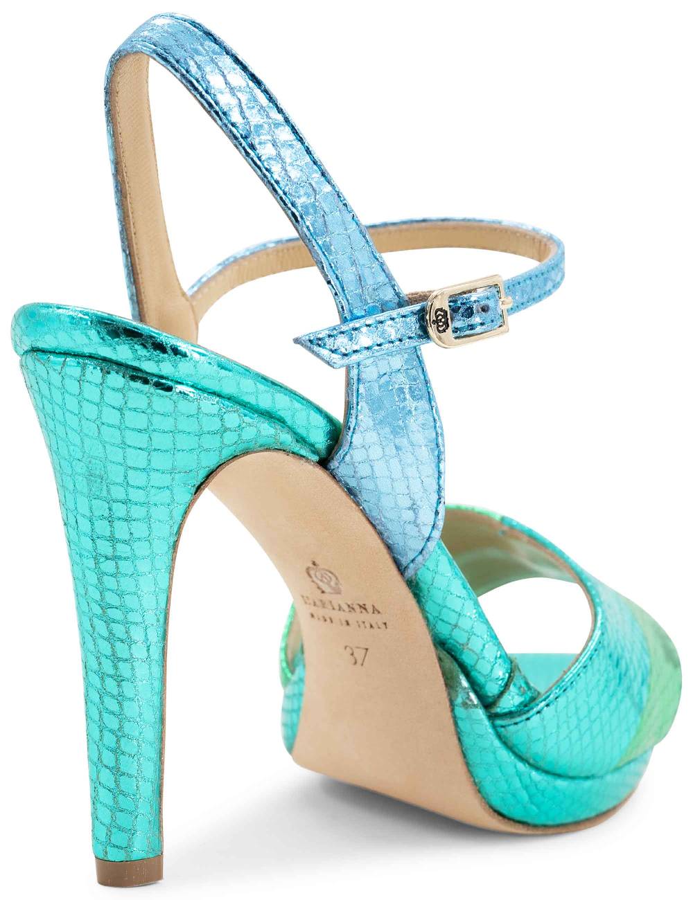 L'ARIANNA Sandali Ds1643 Da Donna In Pelle Laminata Rettile Verde E Azzurra Con Tacco Alto E Platò, Con Cinturino Alla Caviglia