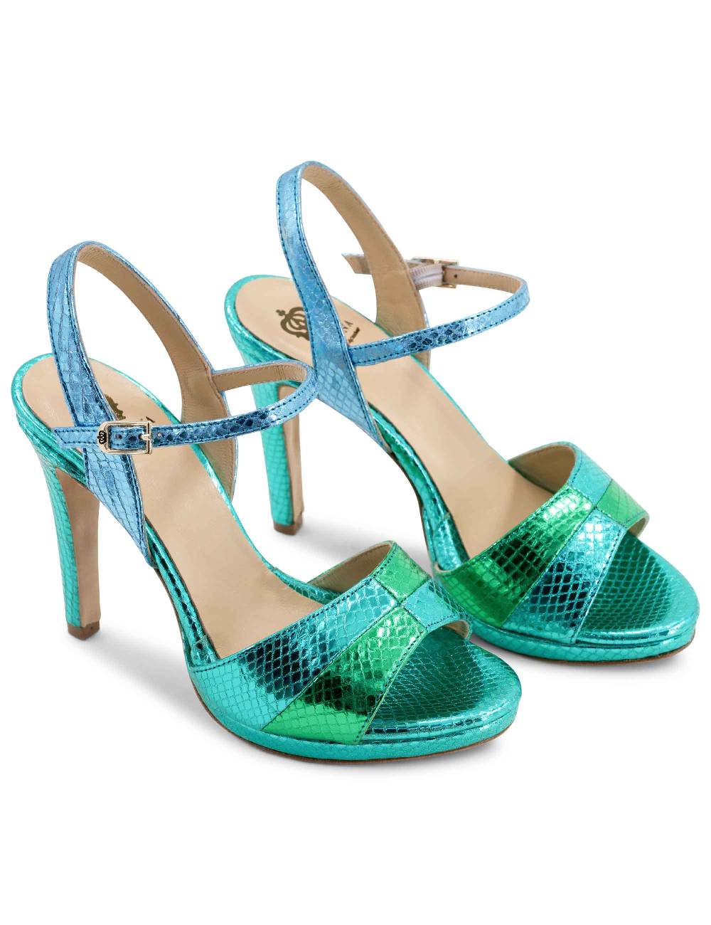 L'ARIANNA Sandali Ds1643 Da Donna In Pelle Laminata Rettile Verde E Azzurra Con Tacco Alto E Platò, Con Cinturino Alla Caviglia