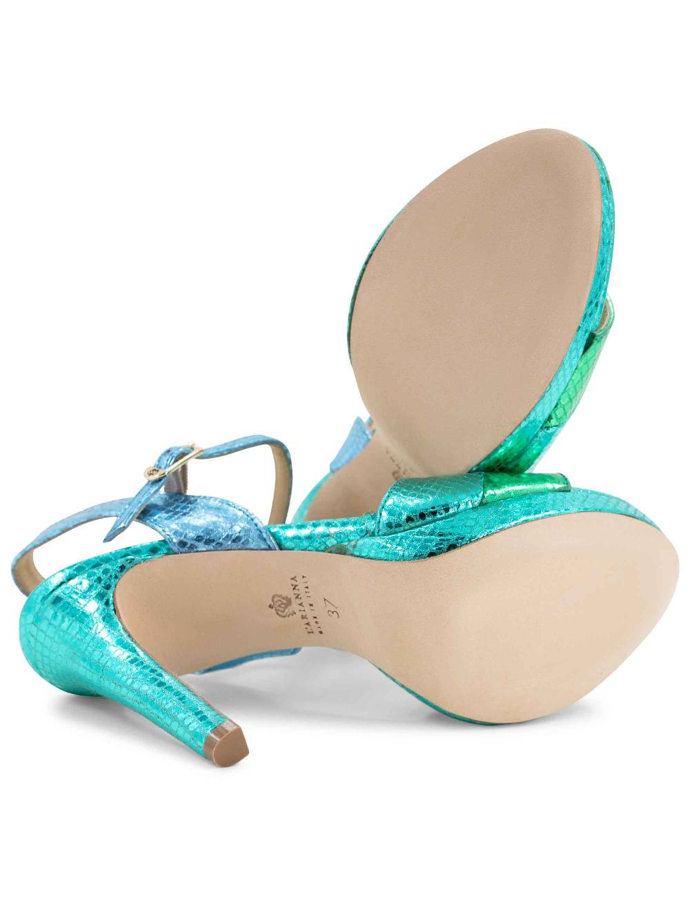 L'ARIANNA Sandali Ds1643 Da Donna In Pelle Laminata Rettile Verde E Azzurra Con Tacco Alto E Platò, Con Cinturino Alla Caviglia