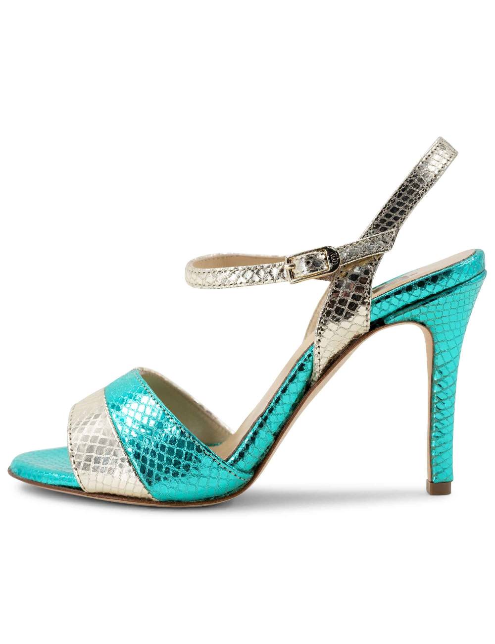 L'ARIANNA Sandali Ds1643 Da Donna In Pelle Laminata Rettile Verde E Argento Con Tacco Alto E Con Cinturino Alla Caviglia