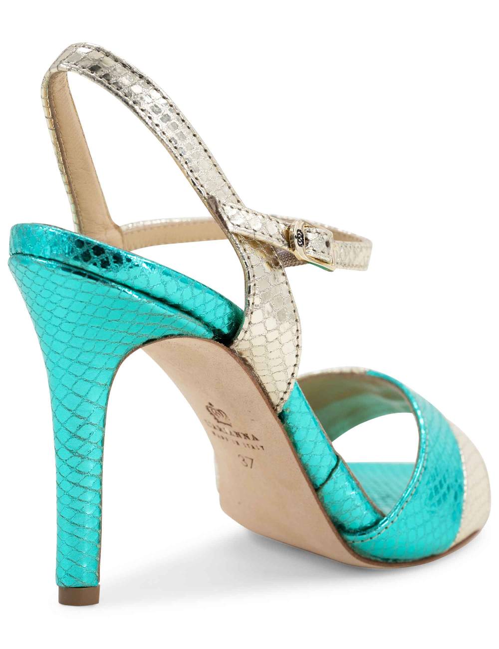 L'ARIANNA Sandali Ds1643 Da Donna In Pelle Laminata Rettile Verde E Argento Con Tacco Alto E Con Cinturino Alla Caviglia