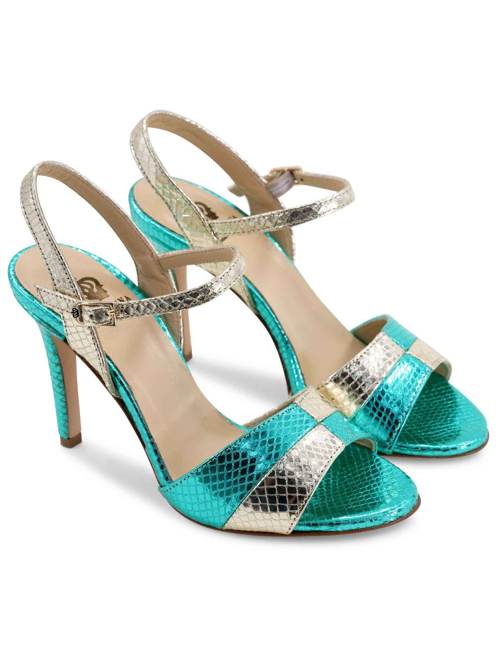 L'ARIANNA Sandali Ds1643 Da Donna In Pelle Laminata Rettile Verde E Argento Con Tacco Alto E Con Cinturino Alla Caviglia