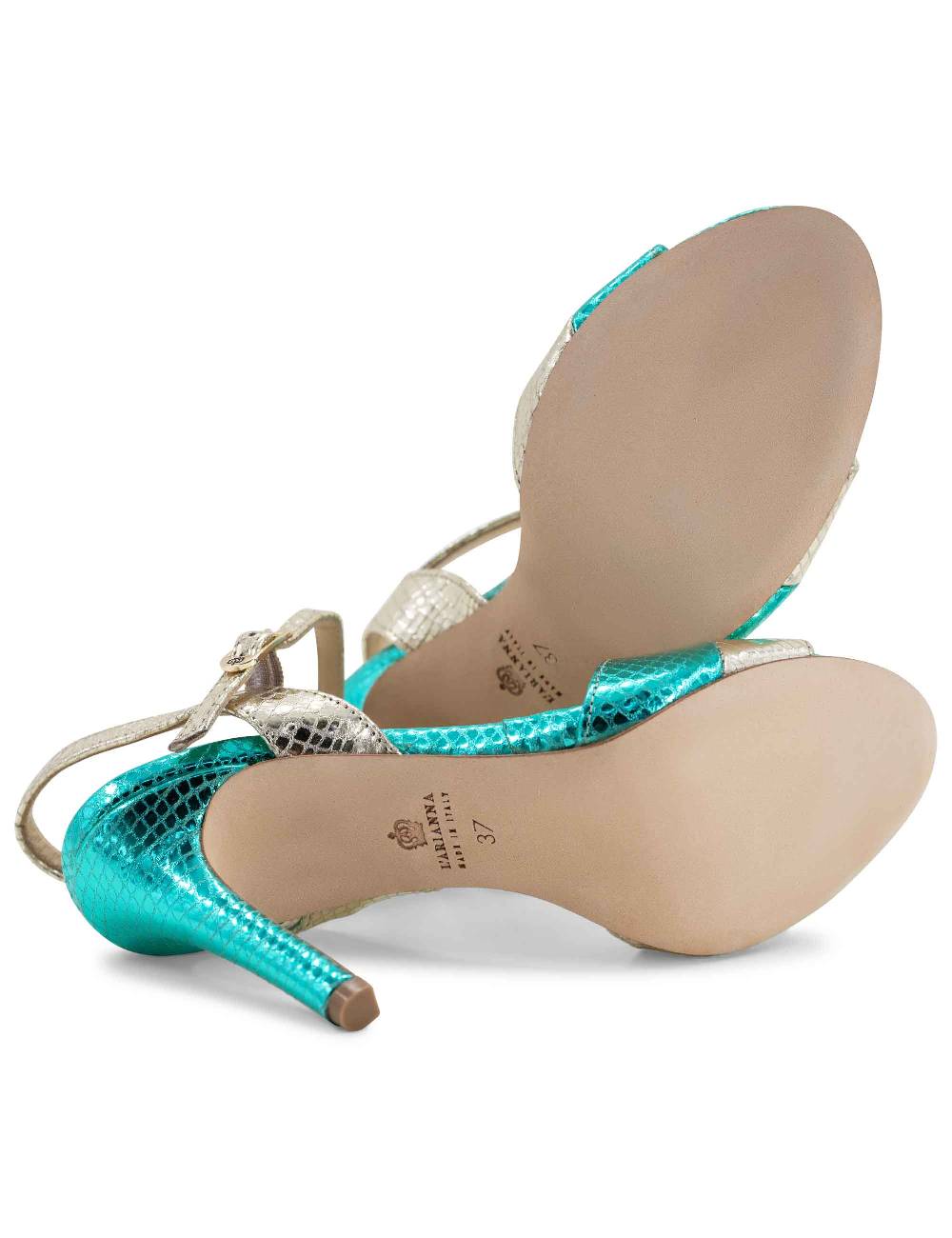 L'ARIANNA Sandali Ds1643 Da Donna In Pelle Laminata Rettile Verde E Argento Con Tacco Alto E Con Cinturino Alla Caviglia