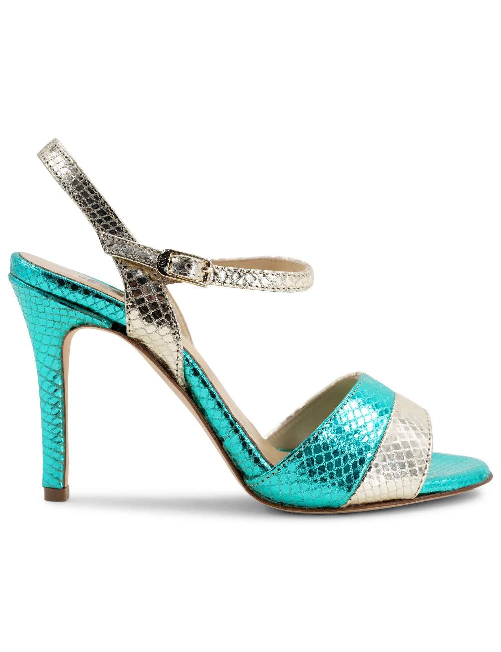 L'ARIANNA Sandali ds1643 da donna in pelle laminata rettile verde e argento con tacco alto e con cinturino alla caviglia