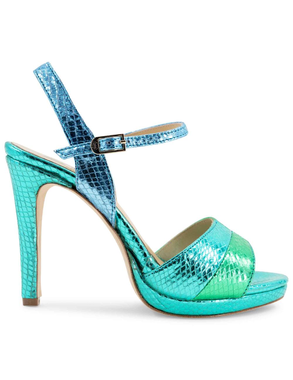 L'ARIANNA Sandali ds1643 da donna in pelle laminata rettile verde e azzurra con tacco alto e platò, con cinturino alla caviglia