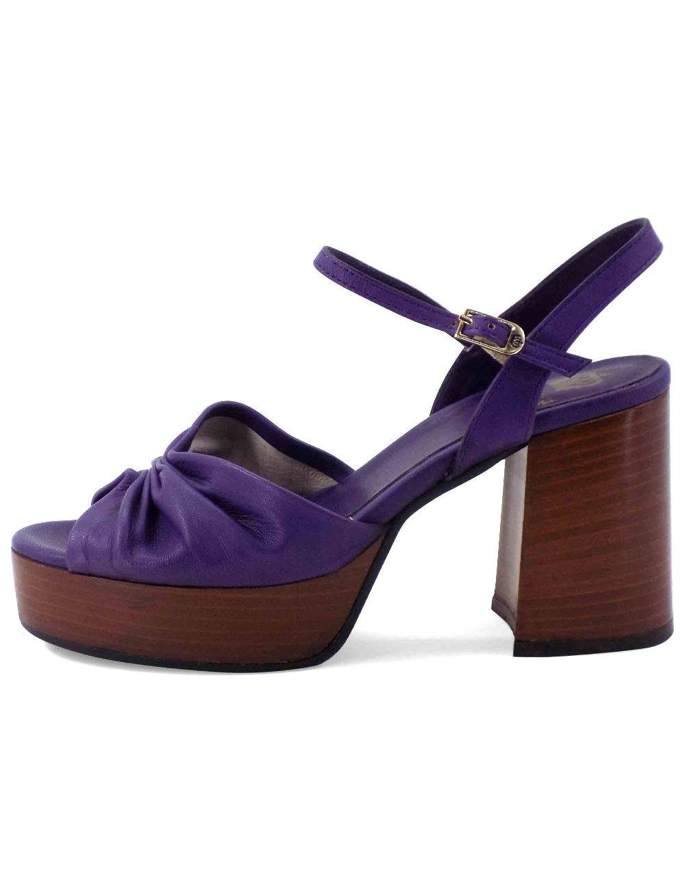 L'ARIANNA Sandali DS1648 Da Donna In Pelle Viola Con Tacco E Plateau In Cuoio L'Arianna