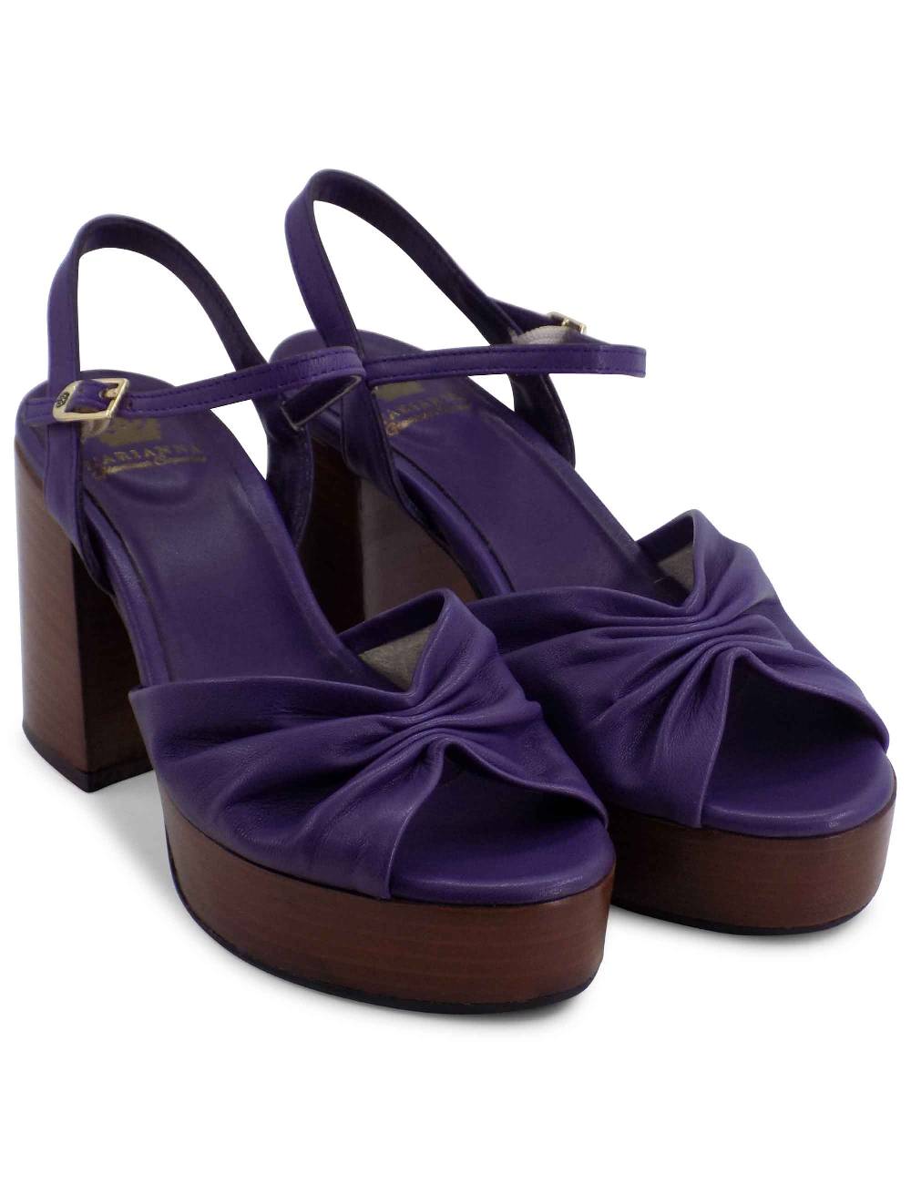 L'ARIANNA Sandali DS1648 Da Donna In Pelle Viola Con Tacco E Plateau In Cuoio L'Arianna