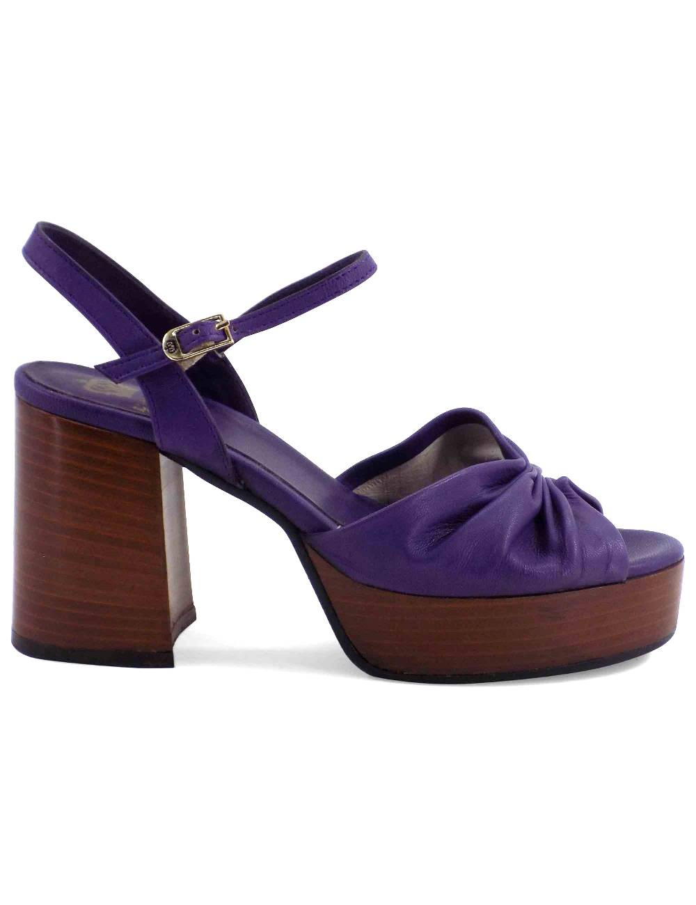 L'ARIANNA Sandali DS1648 da donna in pelle viola con tacco e plateau in cuoio L'Arianna