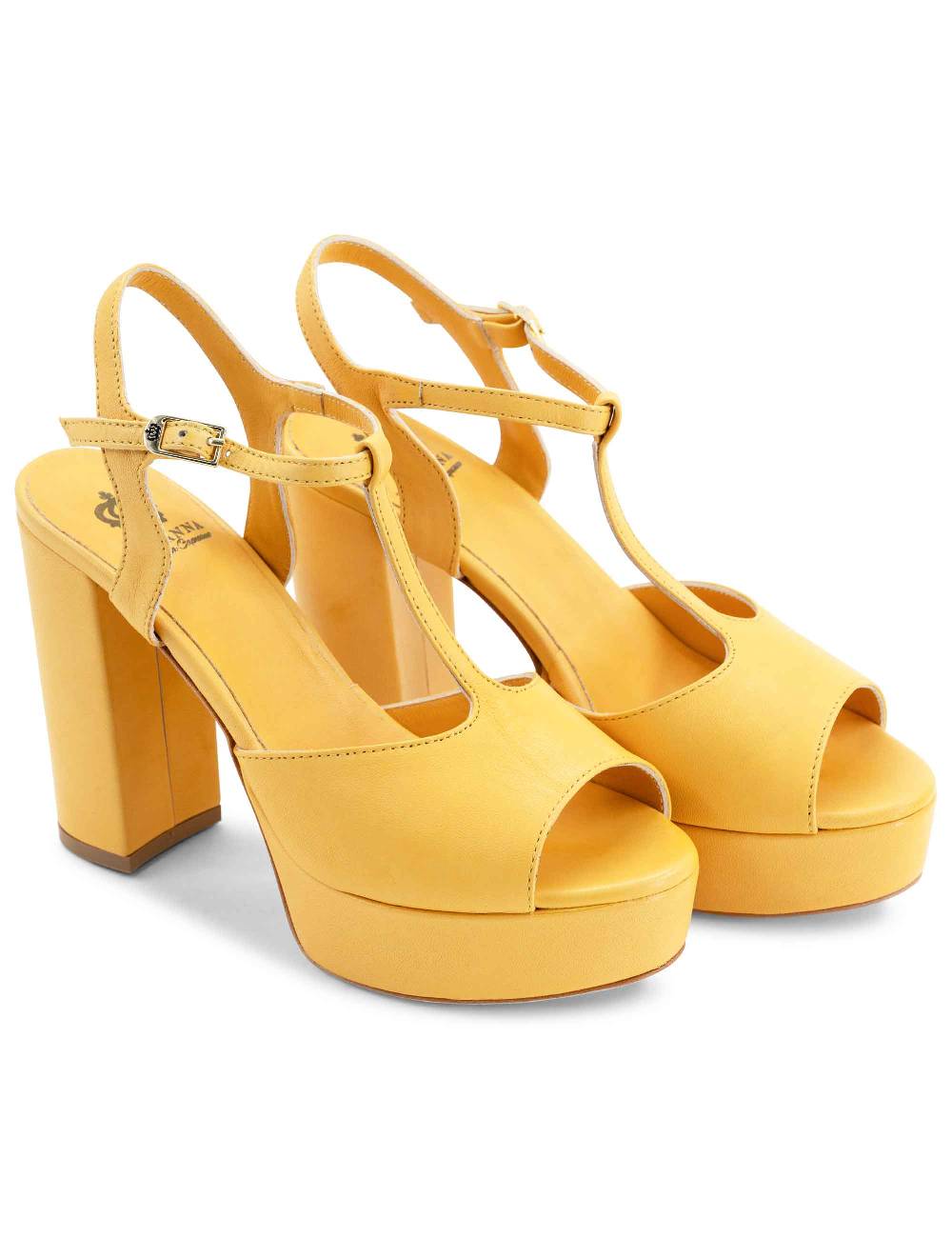 L'ARIANNA Sandali Ds7010 Donna In Pelle Color Giallo Con Cinturino Tacco Alto E Plateau