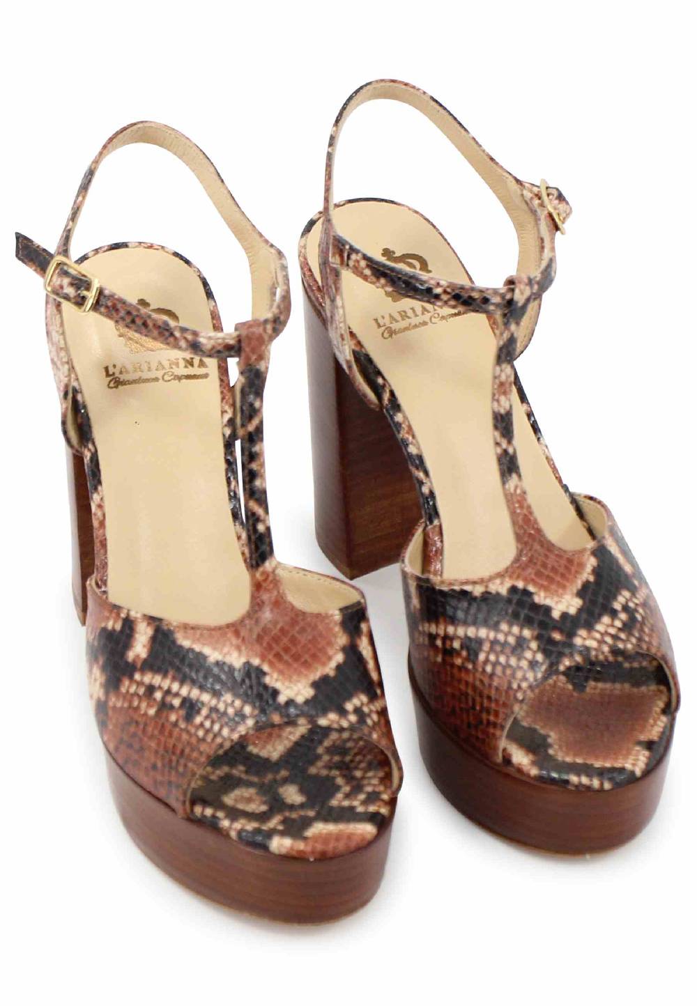 L'ARIANNA Sandali Ds7010 Donna In Pelle Stampata Castagne Con Cinturino Tacco Alto E Plateau