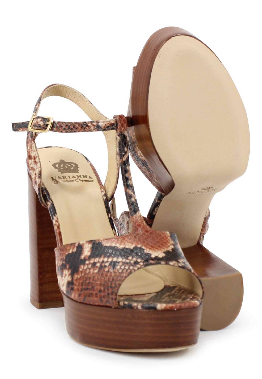 L'ARIANNA Sandali Ds7010 Donna In Pelle Stampata Castagne Con Cinturino Tacco Alto E Plateau