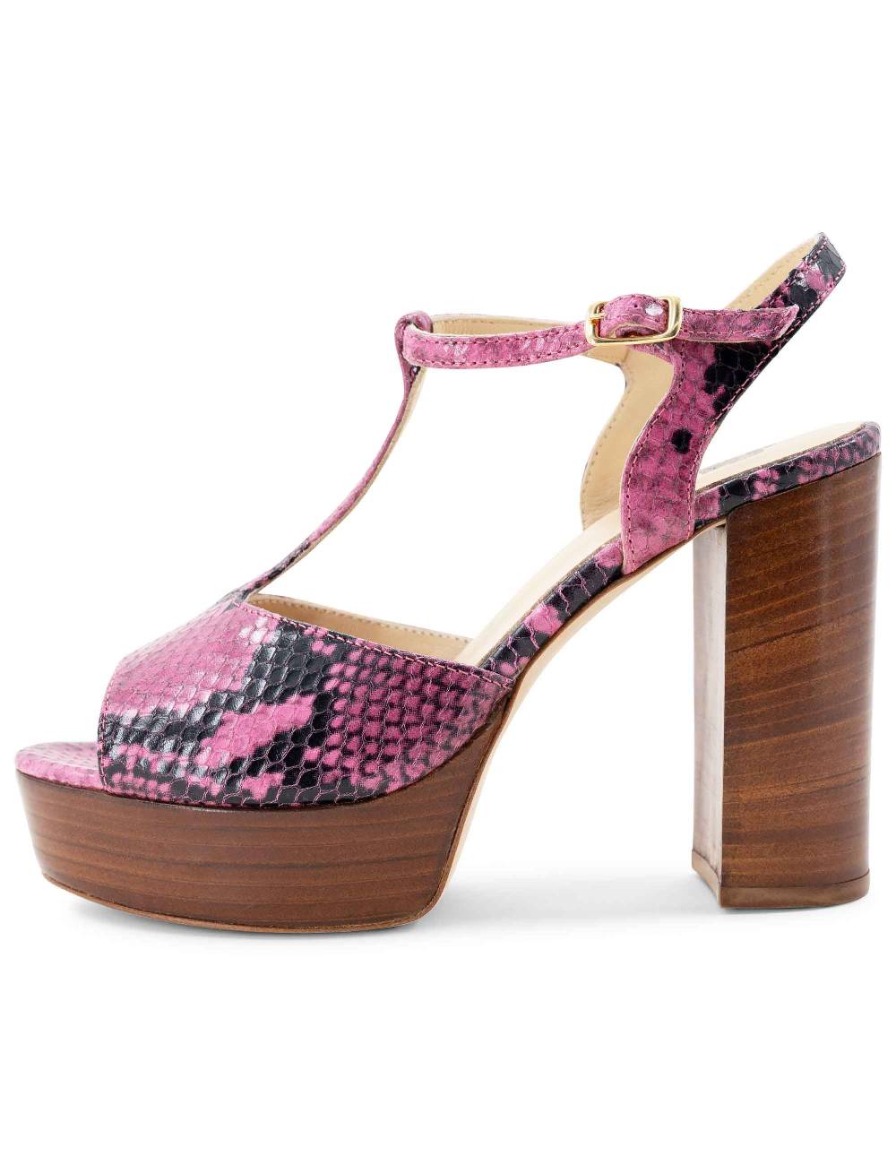 L'ARIANNA Sandali Ds7010 Donna In Pelle Stampata Rosa Con Cinturino Tacco Alto E Plateau