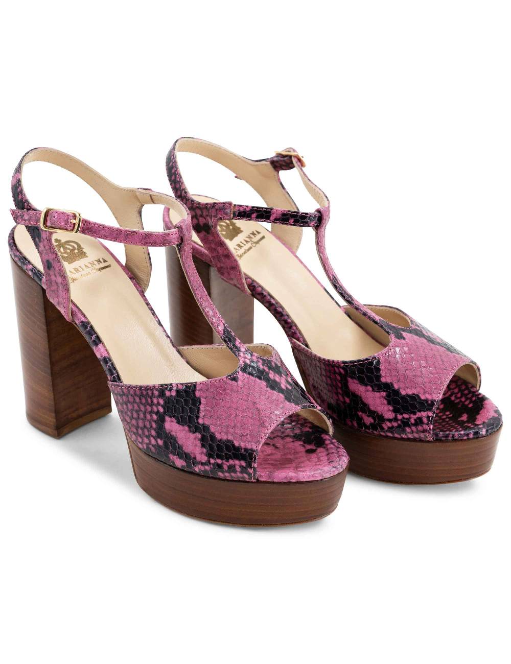 L'ARIANNA Sandali Ds7010 Donna In Pelle Stampata Rosa Con Cinturino Tacco Alto E Plateau