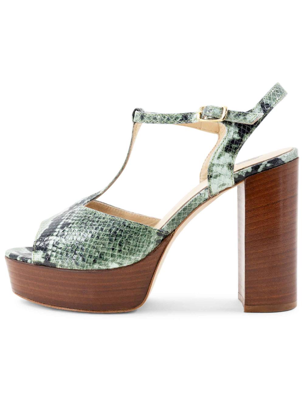 L'ARIANNA Sandali Ds7010 Donna In Pelle Stampata Verde Con Cinturino Tacco Alto E Plateau