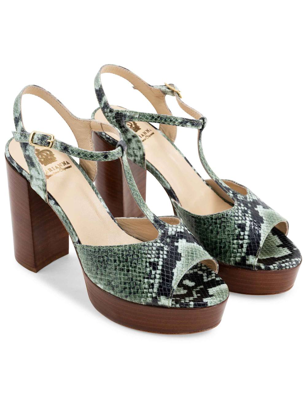 L'ARIANNA Sandali Ds7010 Donna In Pelle Stampata Verde Con Cinturino Tacco Alto E Plateau