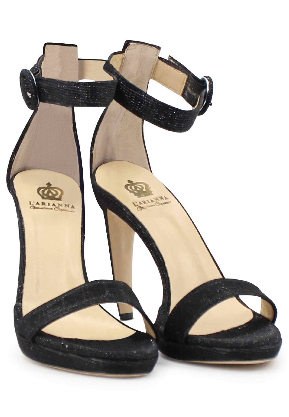 L'ARIANNA Sandali DS7016 Donna In Tessuto Luminor Blu Notte Tacco Alto E Cinturino Alla Caviglia