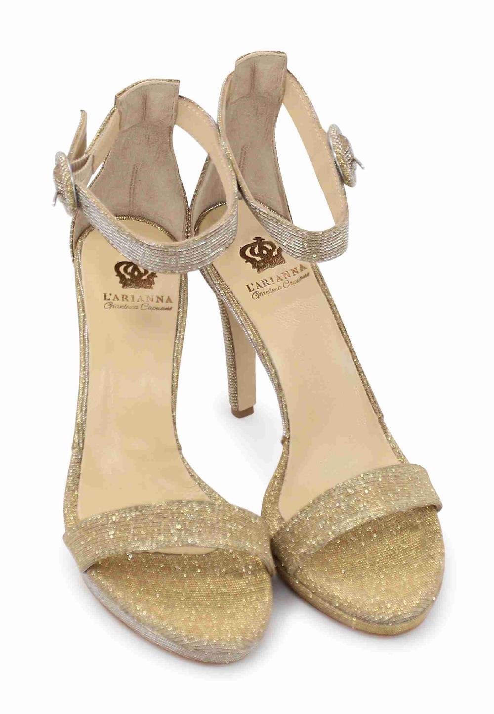 L'ARIANNA Sandali DS7016 Donna In Tessuto Lumonor Oro Tacco Alto E Cinturino Alla Caviglia