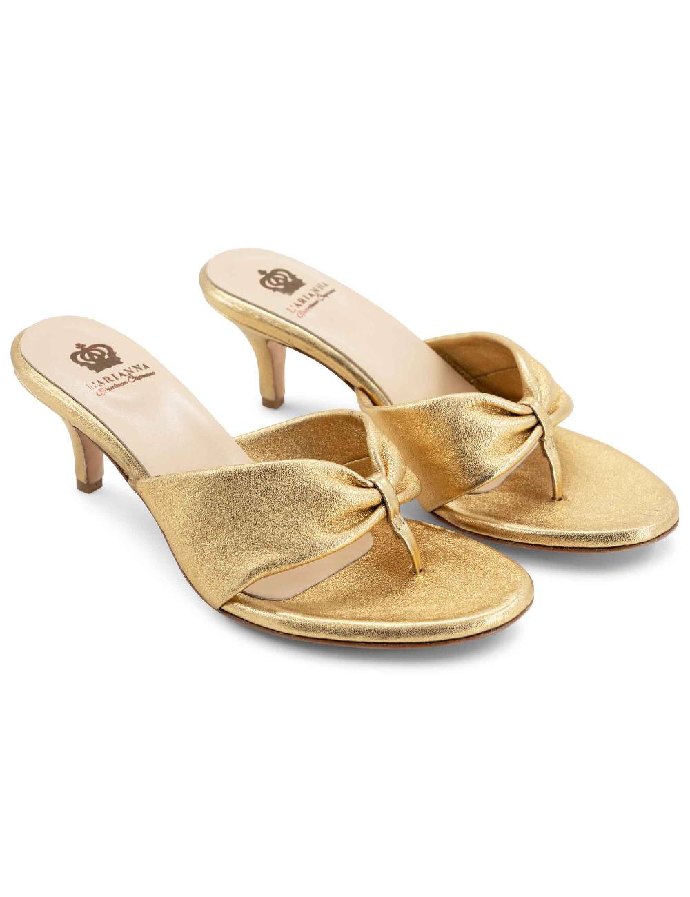 L'ARIANNA Sandali Ds7048 Donna In Pelle Lamin Oro Con Tacco Basso