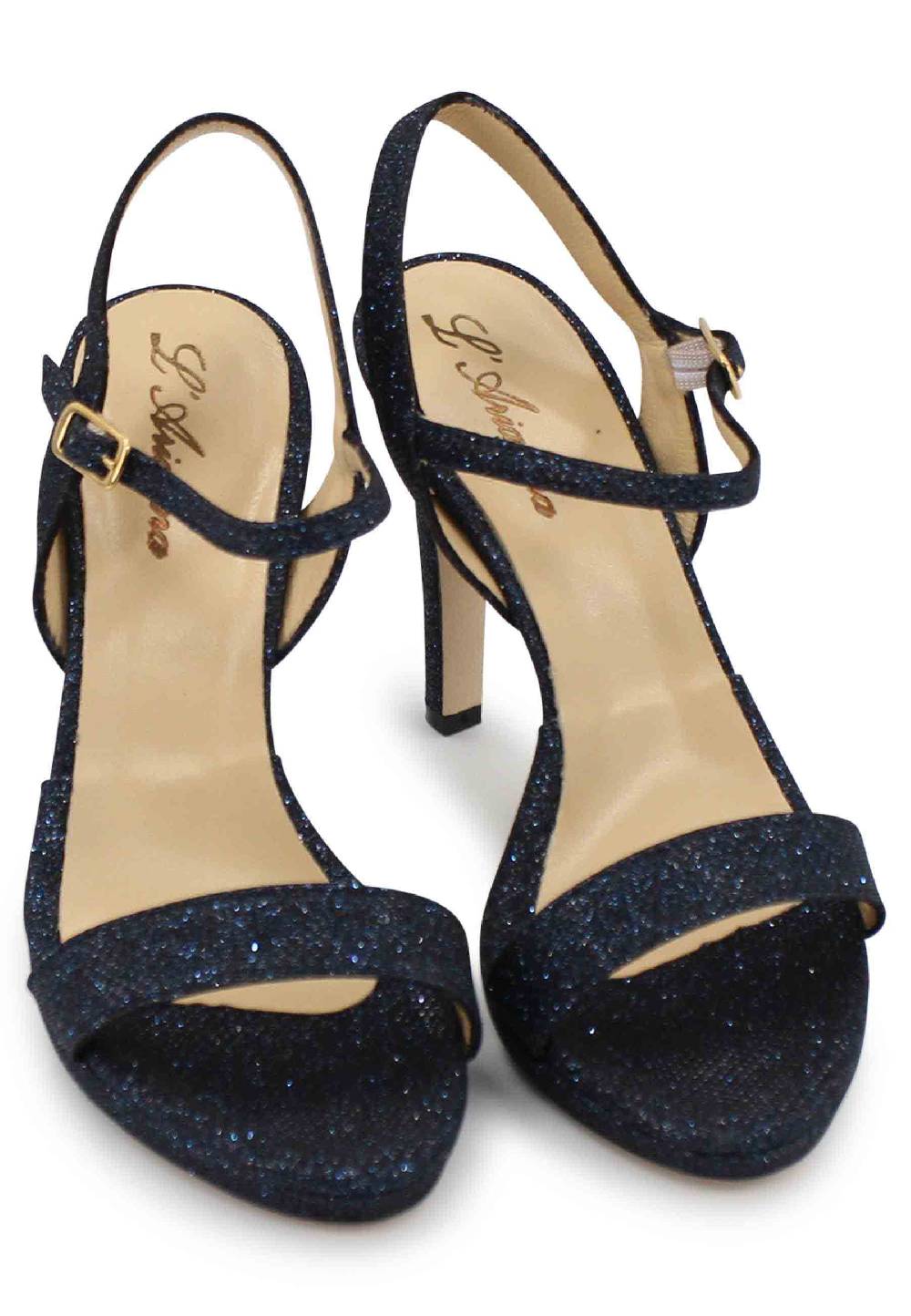 L'ARIANNA Sandali Ds7054 Donna In Glitter Blu Con Tacco Alto E Cinturino Alla Caviglia