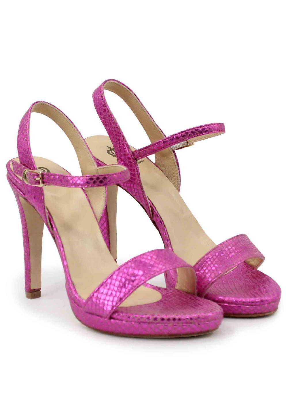 L'ARIANNA Sandali Ds7054donna In Pelle Laminata Fuxia Effetto Serpente Con Tacco Alto E Cinturino Alla Caviglia