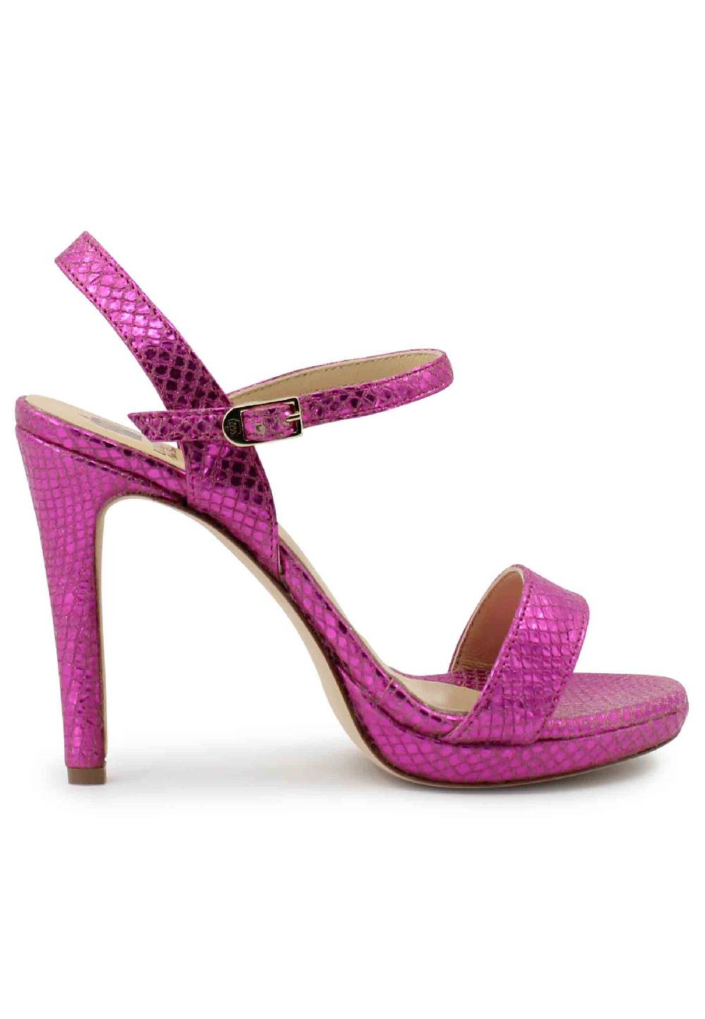 L'ARIANNA Sandali ds7054donna in pelle laminata fuxia effetto serpente con tacco alto e cinturino alla caviglia