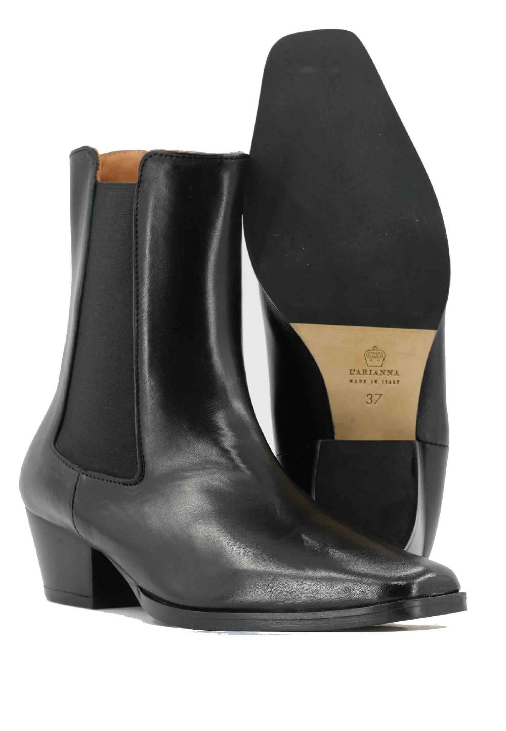 L'ARIANNA Stivaletti BT1695 Boot Donna In Pelle Nera Punta Quadra Con Tacco In Cuoio