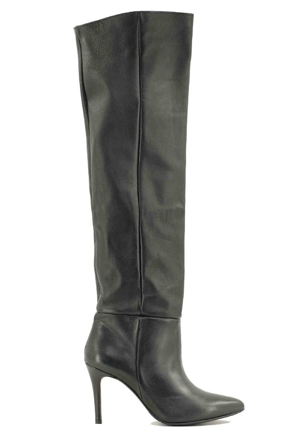 L'ARIANNA Stivali st1175 in piuma nero con tacco alto e gambale al ginocchio