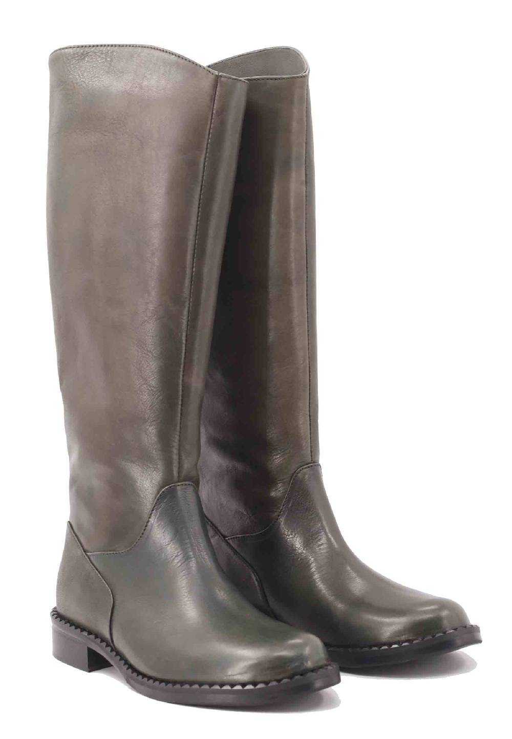 L'ARIANNA Stivali ST1458 A Tubo In Pelle Vintage Verde Con Tacco Basso