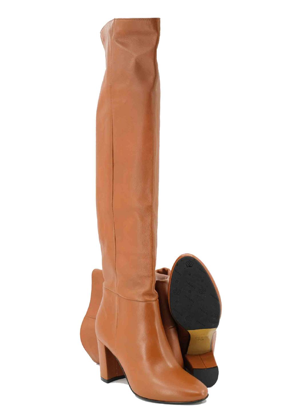 L'ARIANNA Stivali ST1591 A Tubo In Pelle Cuoio Con Tacco Rivestito E Punta Tonda