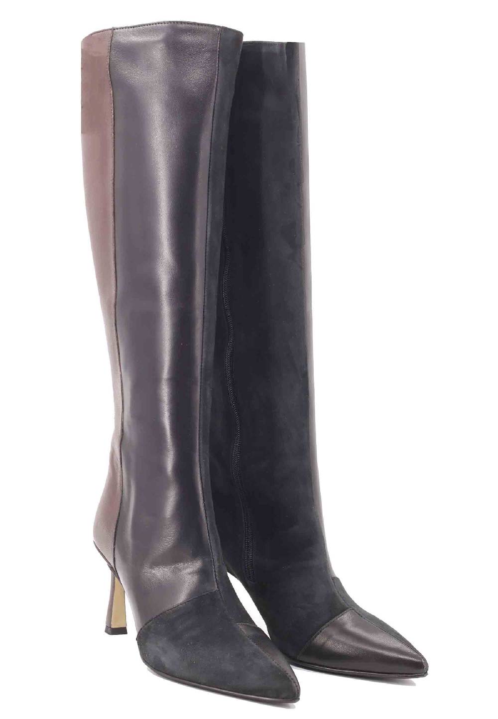 L'ARIANNA Stivali ST1592/RT In Pelle Grigia E Testa Di Moro Con Zip Laterale E Suola In Cuoio