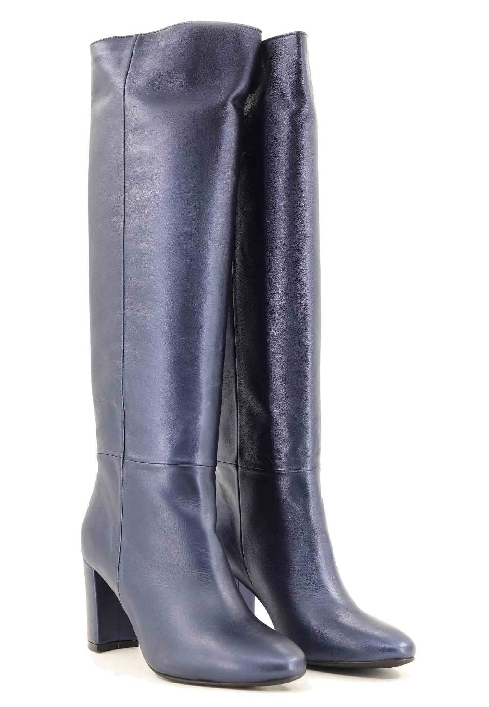 L'ARIANNA Stivali ST1689 A Tubo In Pelle Lamin Blu Con Punta Tonda