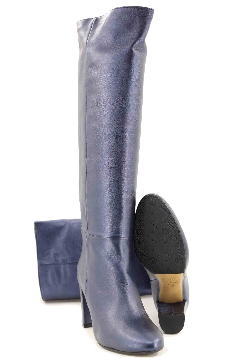 L'ARIANNA Stivali ST1689 A Tubo In Pelle Lamin Blu Con Punta Tonda